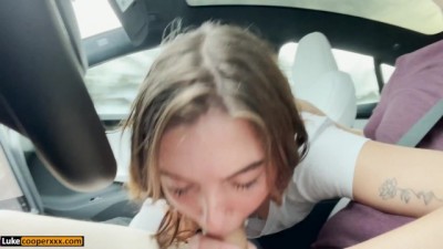 Wild Tesla Road Play: Autopilot Cowgirl Action & Steamy Road Head