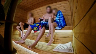 Steamy Sauna Screw: Three-Way Cock Tease Session
