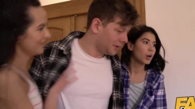 Virgin backpacker takes a big cock in threesome