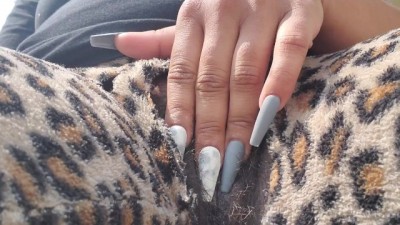 Ebony BBW Playing with Pussy outside trying not to get Caught