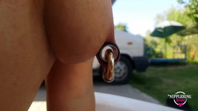 Nippleringlover Naked outside Sun Tanning Close up Stretched Nipple & Pussy Piercings & Tight Ass