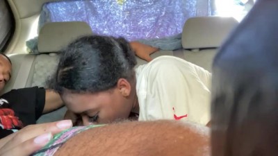 Petite Ebony Sucks BLC in back of Car