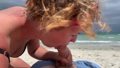 Deep Blowjob on the Beach, Girl in Bikini Sucking Cock, Cum Mouth Outdoors