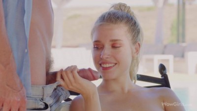 Hottest blonde girl sucking big white cock and getting fucked by the pool
