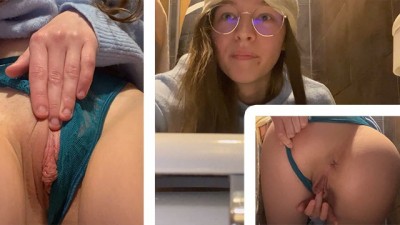 Teen fucks herself in public toilette at the Cinema (+18)