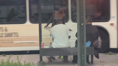 Naughty Boulevard Stripping & Smoking with Bare Titties Out